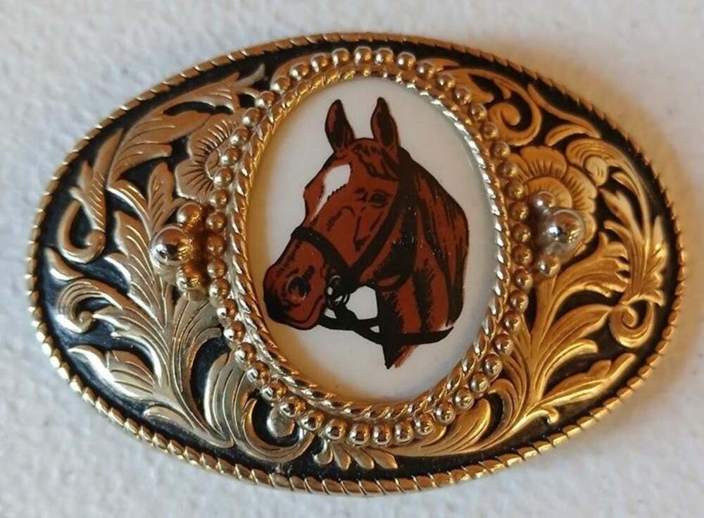 Vintage Brass Horse Head Belt Buckle with Porcelain Cameo 3.25" Western